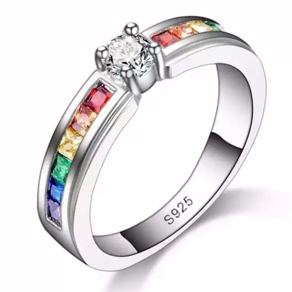 925 Sterling Silver Diamond Solitaire Multicolor Diamond Ring Great Grad Gift!